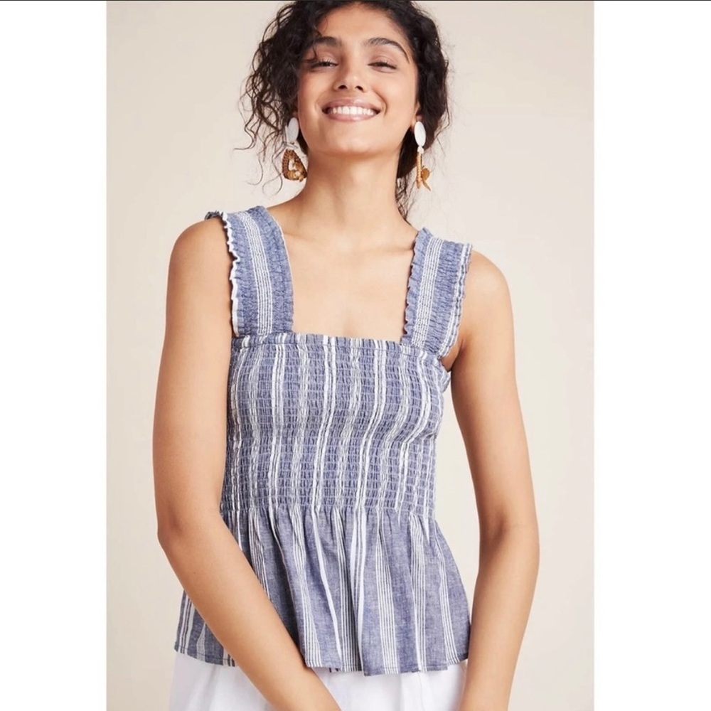 MAEVE Smocked Peplum Linen Striped Top